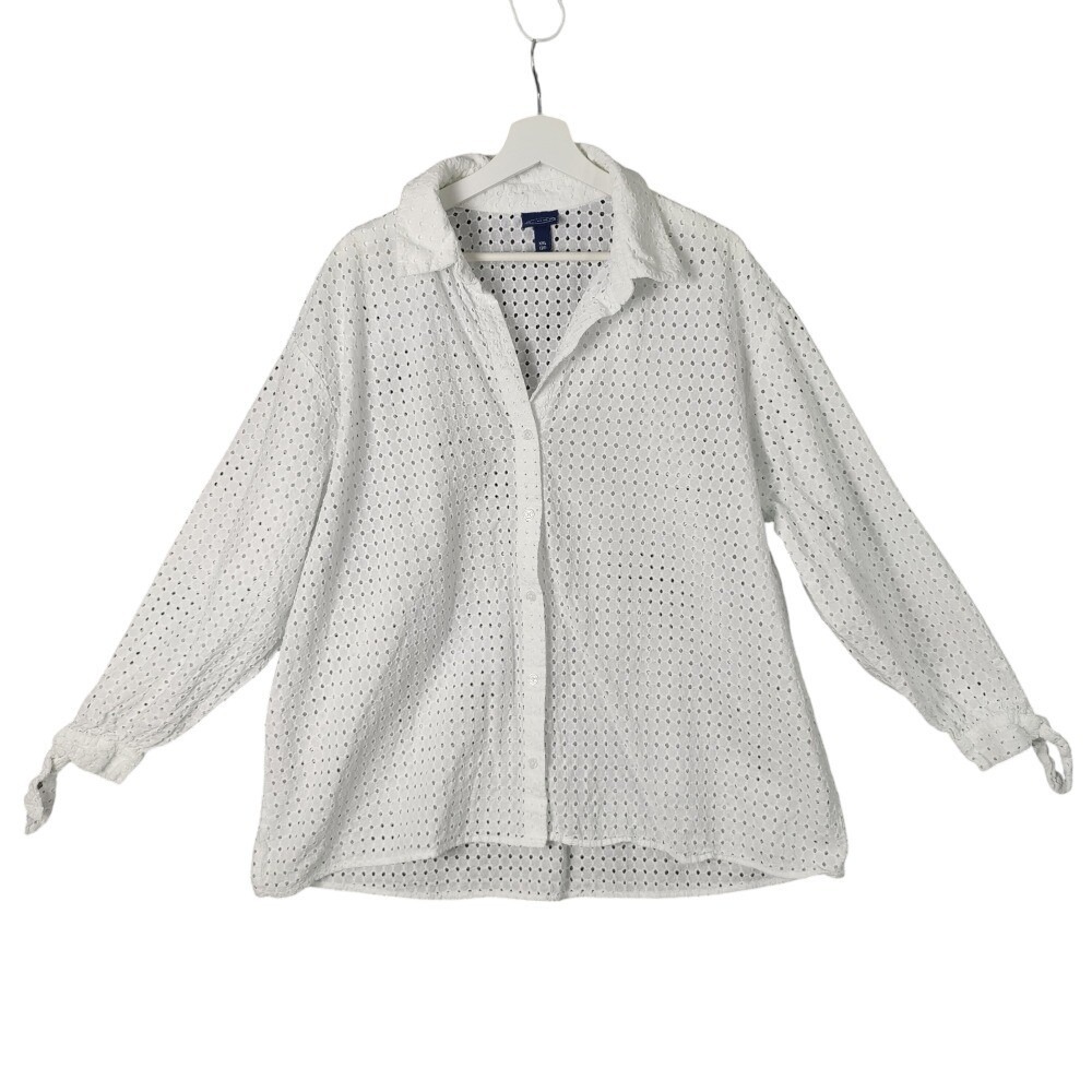 Scoop Womens Cottagecore Coastal Eyelet Button Down XXL White Tie Cuff Shirt Top